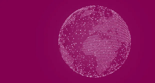 Globo digital em pontos rosados simbolizando o site global da AstraZeneca farmacêutica