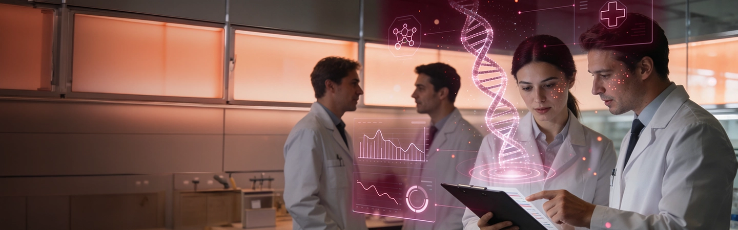 Equipe de cientistas da AstraZeneca discutindo em laboratório, com sobreposição digital de dupla hélice de DNA