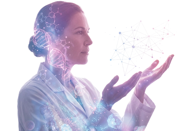 Cientista com sobreposição digital de DNA e uma rede de nós conectados sobre as mãos, representando a A.Catalyst Network