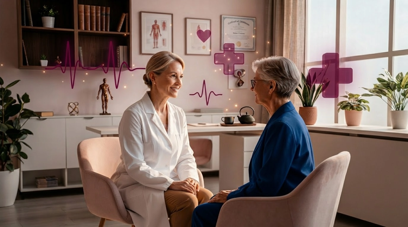 Médica conversando com uma paciente idosa em um consultório acolhedor, com elementos gráficos de eletrocardiograma e cruzes médicas sobrepostos, representando o programa Transform Care
