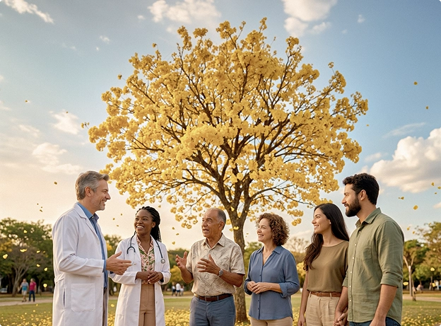 Médica e médico conversando com um grupo de pacientes de diferentes idades ao ar livre, em frente a um ipê amarelo florido, representando o programa Brasil IPE