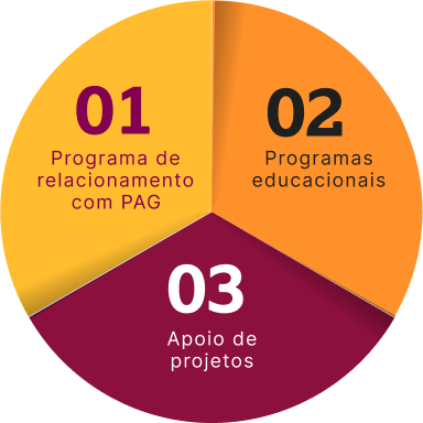 Gráfico circular com três iniciativas: 01 Programa de relacionamento com PAG, 02 Programas educacionais, 03 Apoio de projetos